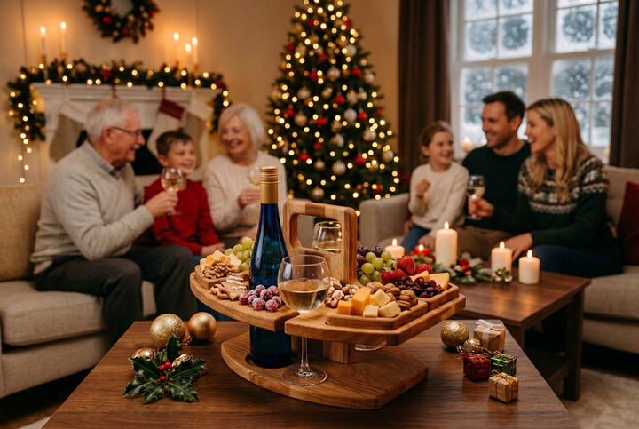 Houten borrelplank met wijnfles, glas en hapjes op salontafel, gezin gezellig op de bank 1
