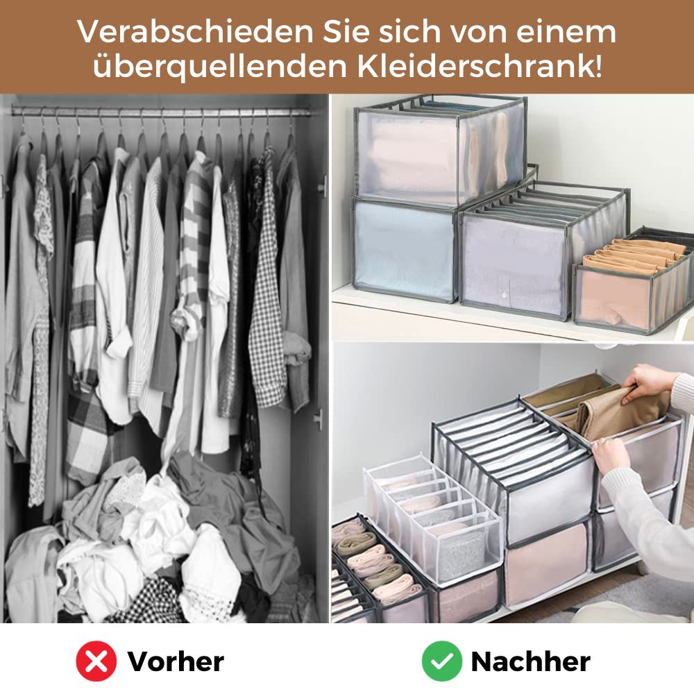 Voor-en-nabeeld: een overvolle kast met hangende kleding en kleren op de grond, tegenover organizers met opgeborgen kleding op een plank. 3
