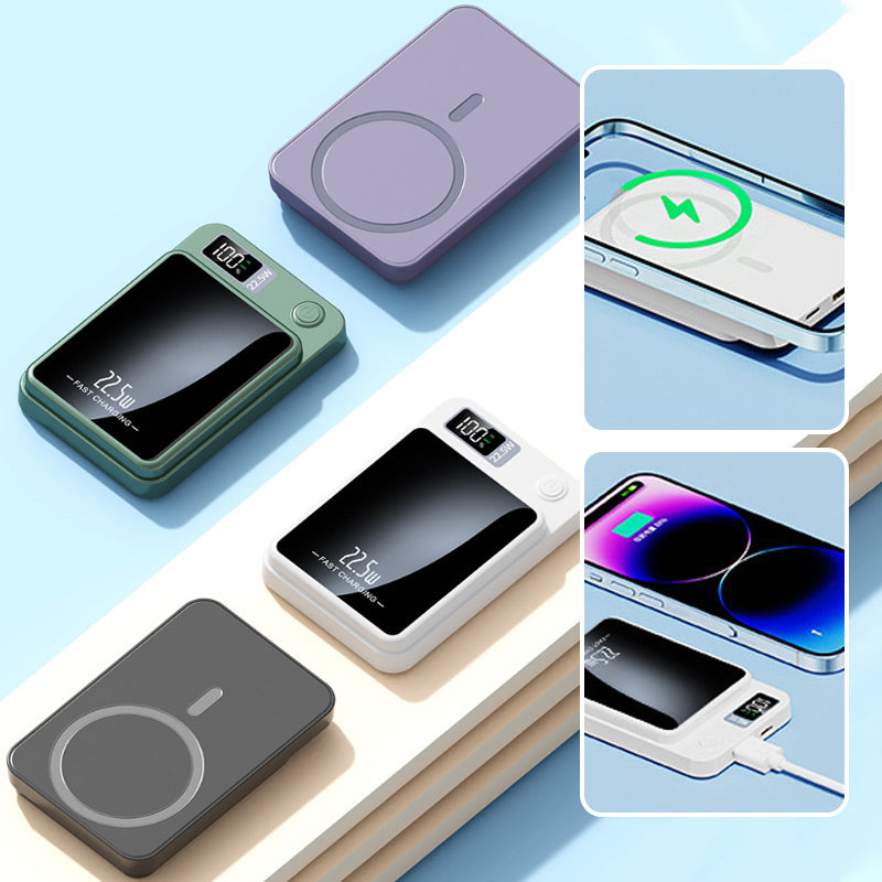 Powerbanks in groen, paars, wit en zwart, met close-ups van draadloos opladen van een telefoon en opladen met een kabel. 9