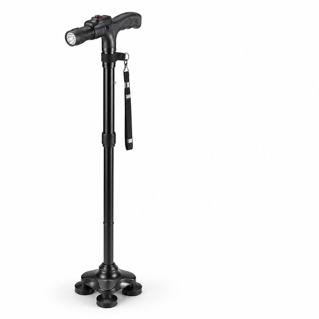Zwarte wandelstok van opzij, met ledlamp naast de gebogen handgreep, polsband en een brede vierpuntsvoet, op witte achtergrond. 6