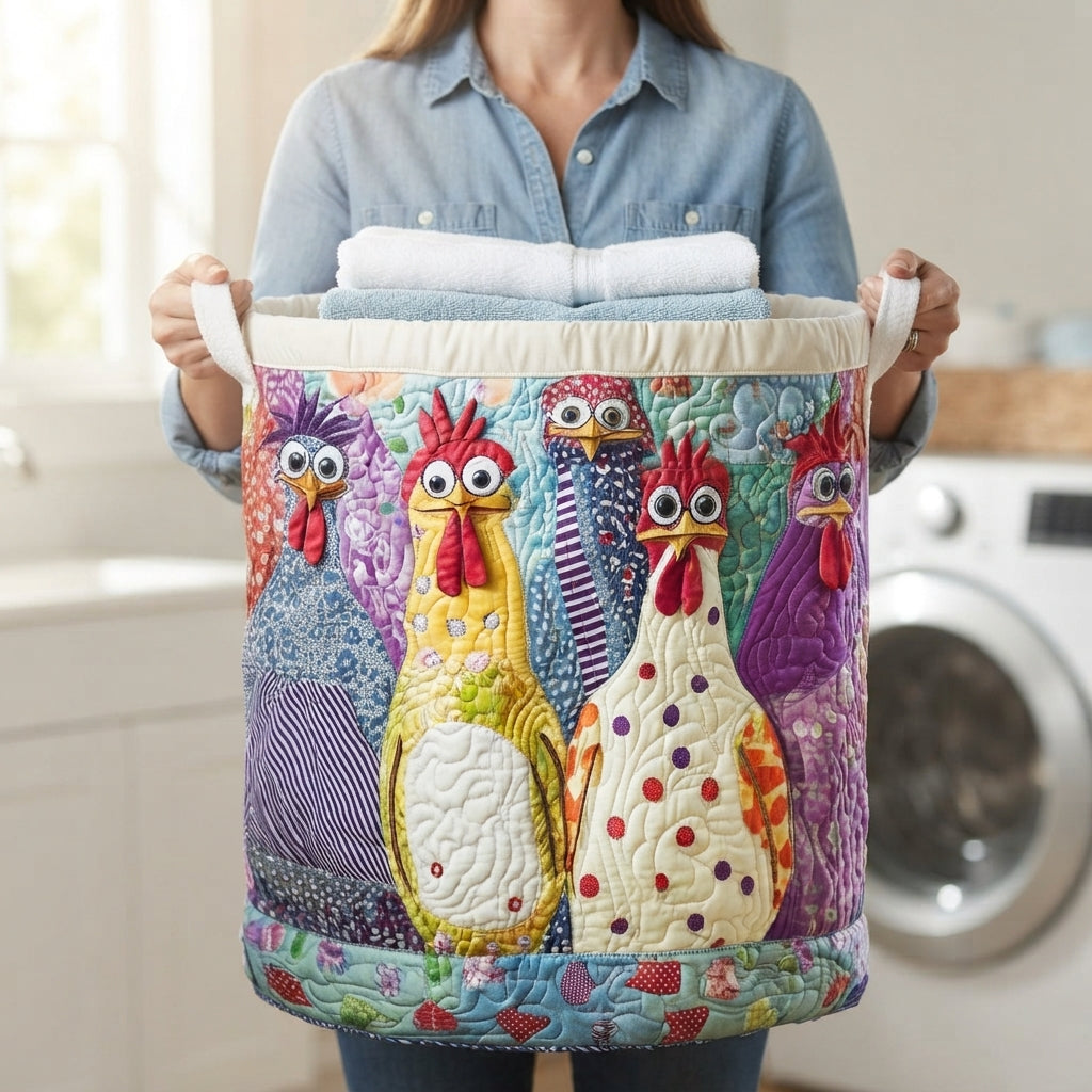Vrouw in spijkerblouse houdt de mand vol handdoeken vast aan de witte handgrepen, zodat de kippenprint van voren goed zichtbaar is. 4