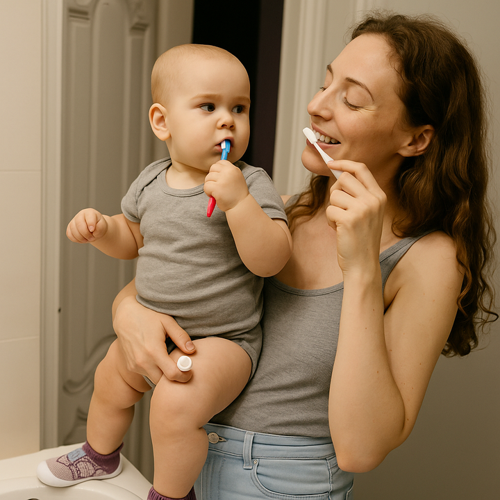 Moeder houdt een baby op een toilet terwijl ze samen tandenpoetsen; de baby draagt roze gebreide schoentjes met witte zool. 4