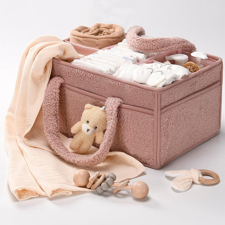 Caddy organizador para pañales de bebé – Cesta de almacenamiento suave de sherpa con compartimentos – Elvoria