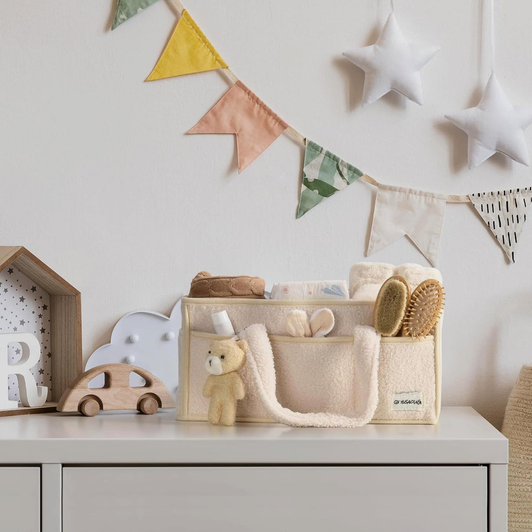 Caddy organizador para pañales de bebé – Cesta de almacenamiento suave de sherpa con compartimentos – Elvoria