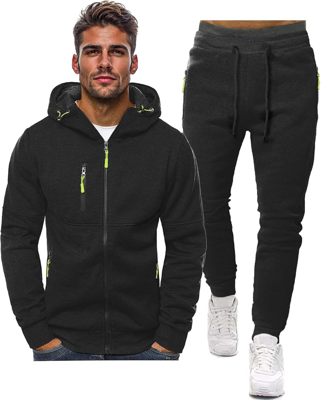 Zwarte hoodie met rits en bijpassende joggingbroek met lichtgroene ritstrekkers, op witte achtergrond 20