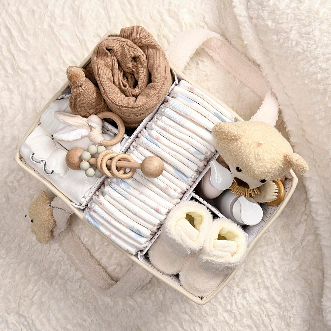 Caddy organizador para pañales de bebé – Cesta de almacenamiento suave de sherpa con compartimentos – Elvoria