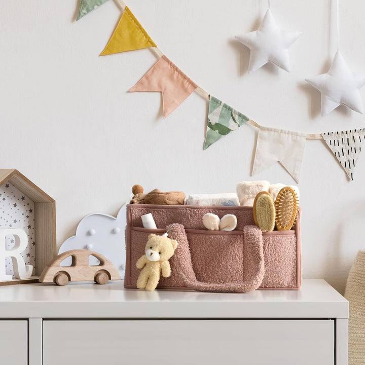Caddy organizador para pañales de bebé – Cesta de almacenamiento suave de sherpa con compartimentos – Elvoria