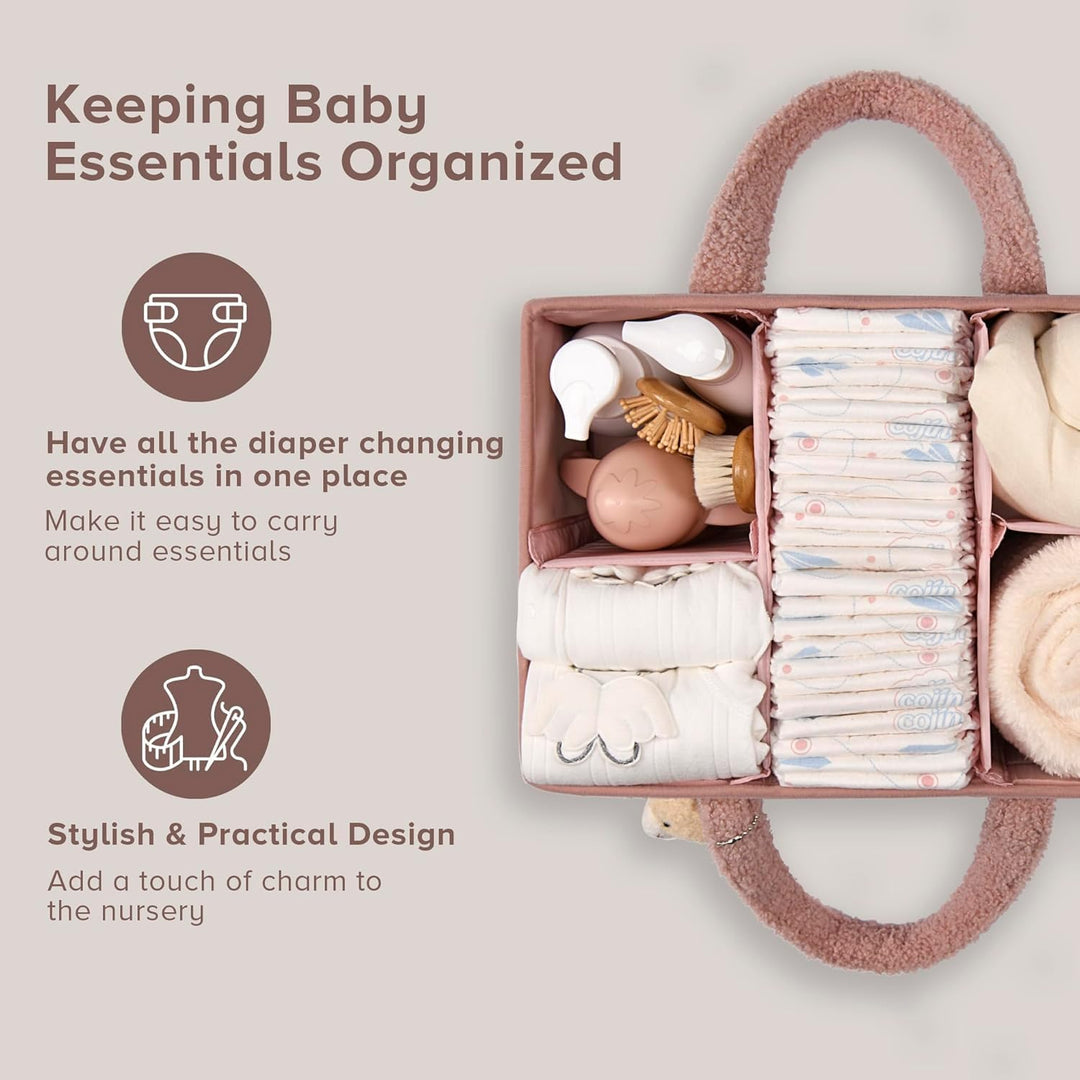 Caddy organizador para pañales de bebé – Cesta de almacenamiento suave de sherpa con compartimentos – Elvoria