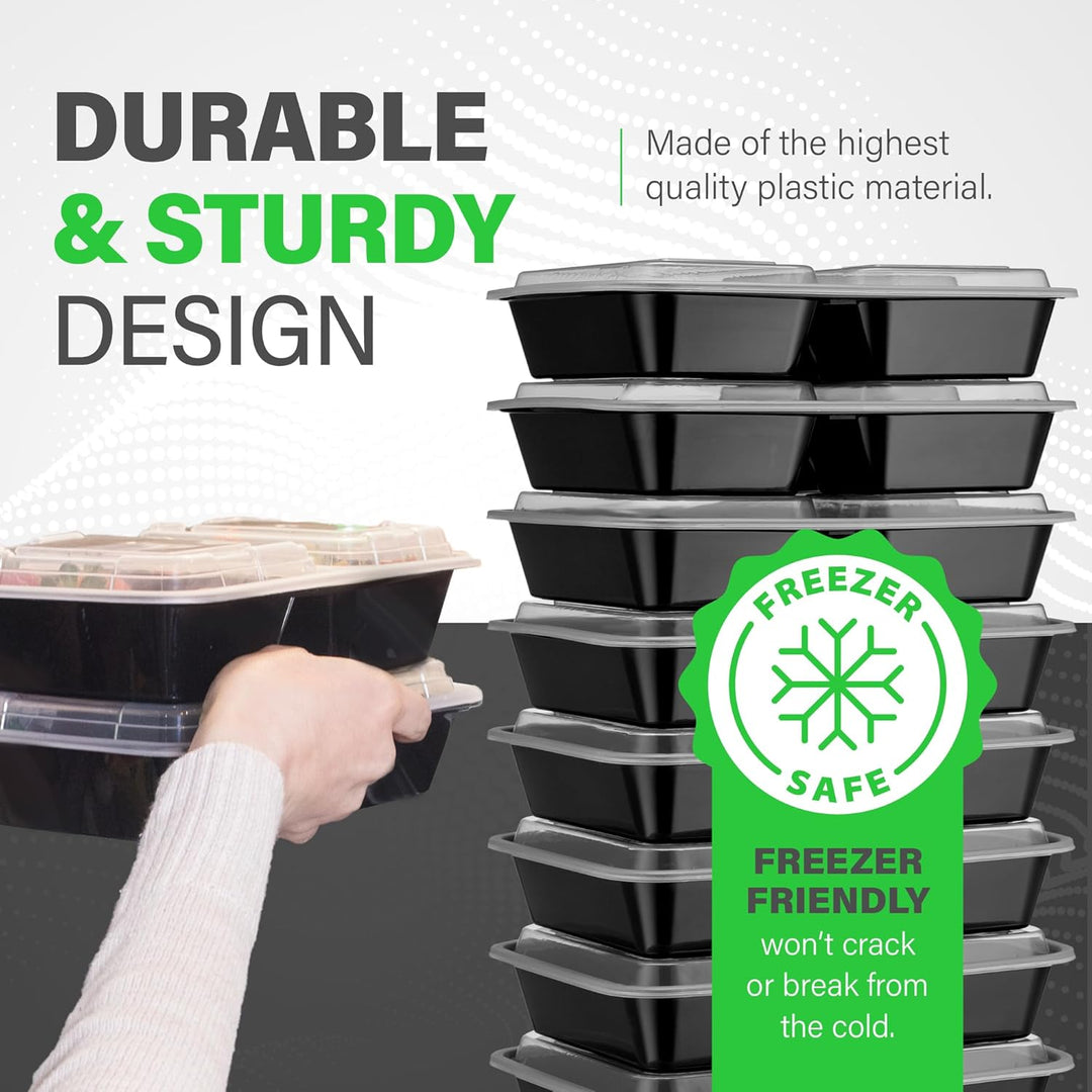 Meal Prep Containers – 3-Compartment Bento Boxes with Lid 900 ml [20 Pack]