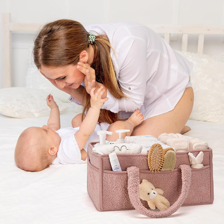 Caddy organizador para pañales de bebé – Cesta de almacenamiento suave de sherpa con compartimentos – Elvoria