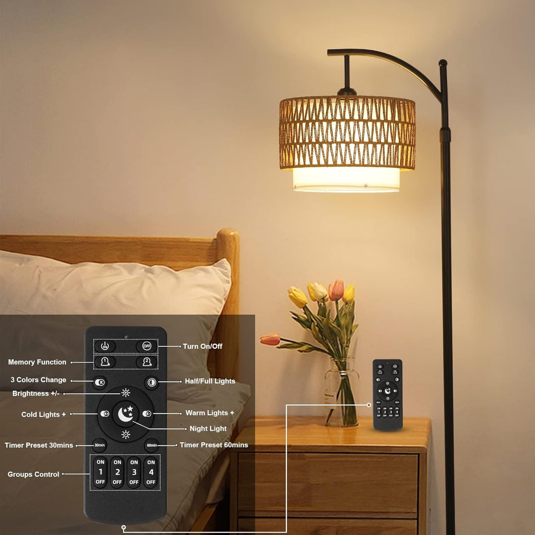 Lámpara de pie arqueada con mando a distancia y pantallas intercambiables – Norvella