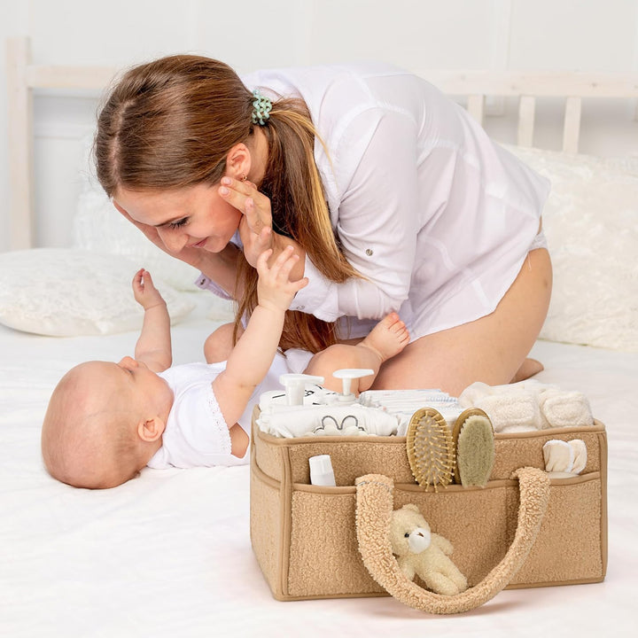 Caddy organizador para pañales de bebé – Cesta de almacenamiento suave de sherpa con compartimentos – Elvoria