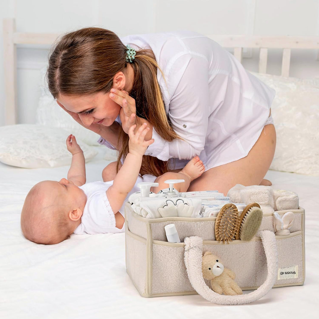 Caddy organizador para pañales de bebé – Cesta de almacenamiento suave de sherpa con compartimentos – Elvoria
