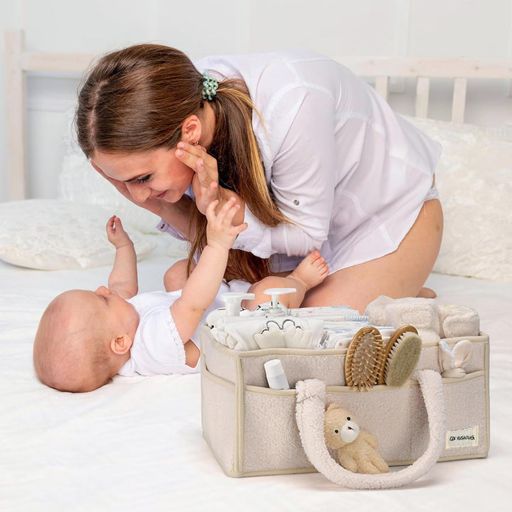 Caddy organizador para pañales de bebé – Cesta de almacenamiento suave de sherpa con compartimentos – Elvoria