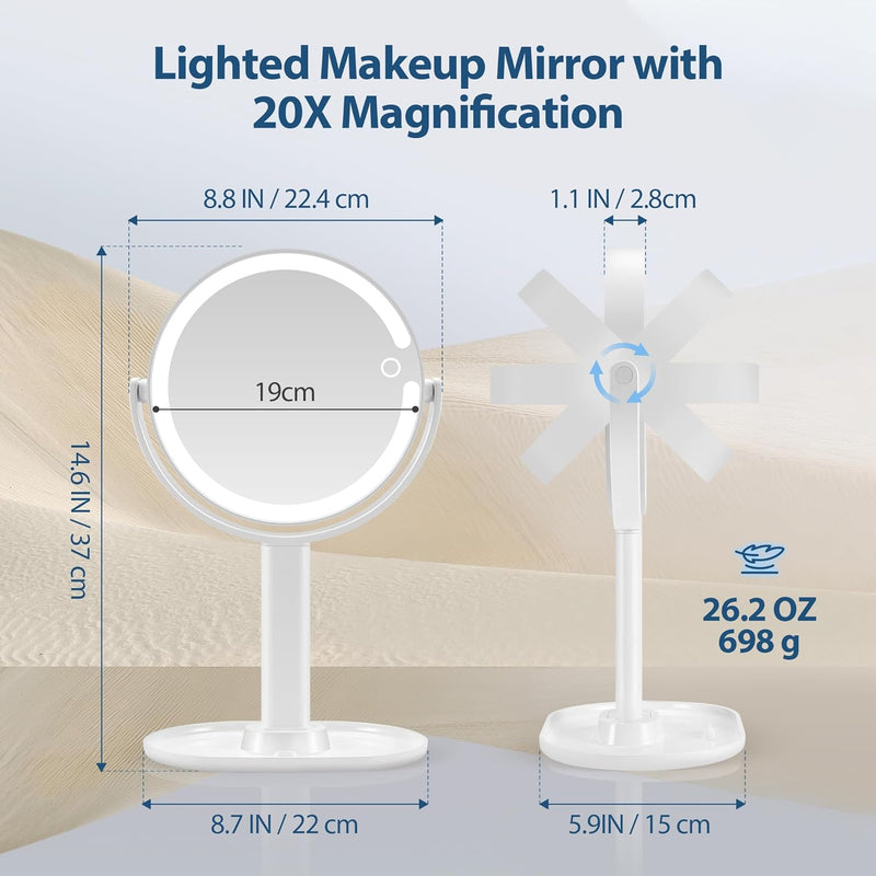 Illuminated Makeup Mirror - 20X Zoom & Adjustable Brightness