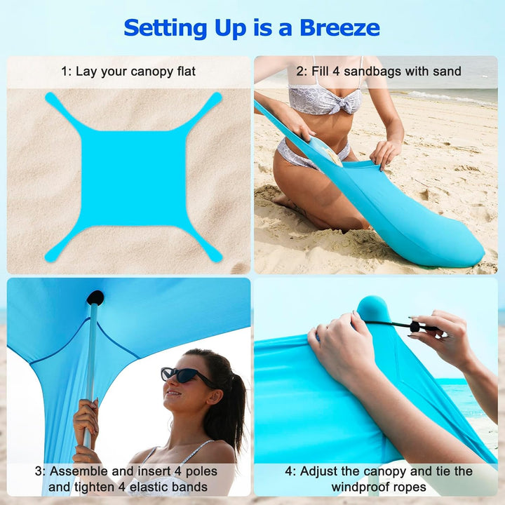 UPF50+ Family Beach Tent with Aluminum Poles and Sand Anchors