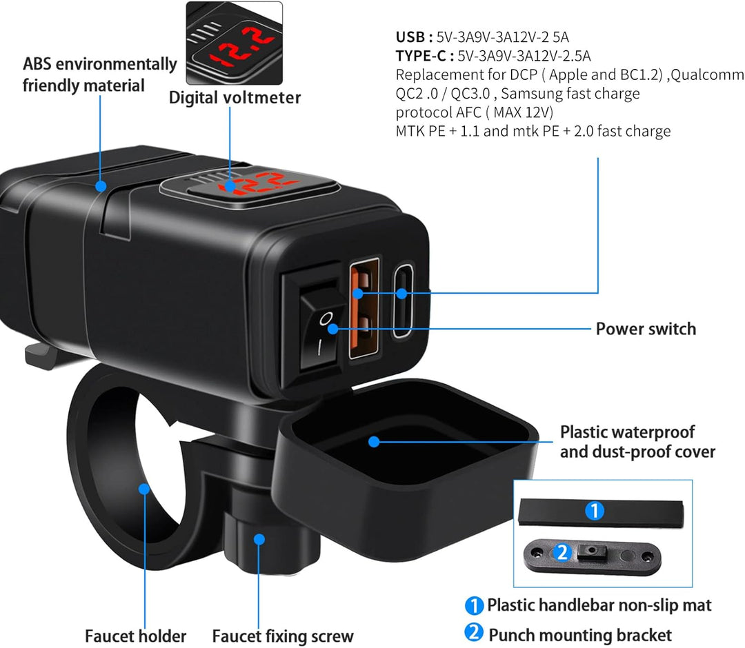 Cargador rápido USB y Type-C para motocicleta con voltímetro – Drayvik