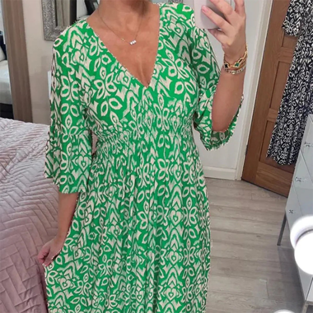 Long Floral Dress with V-Neck – Liora