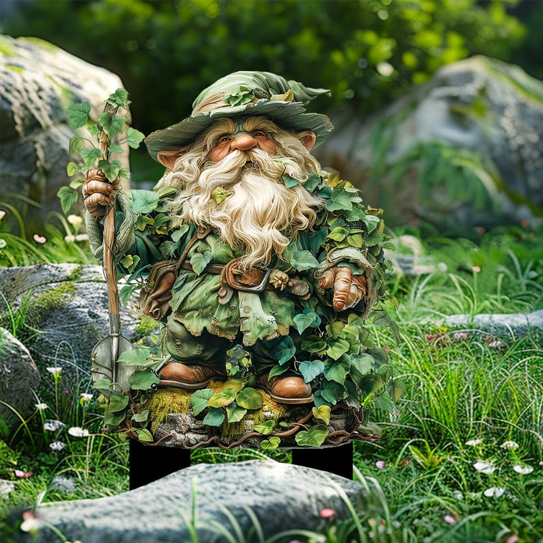 Tuinkabouter met witte baard, groene hoed en klimop, houdt een schep vast, tussen stenen en gras. 3