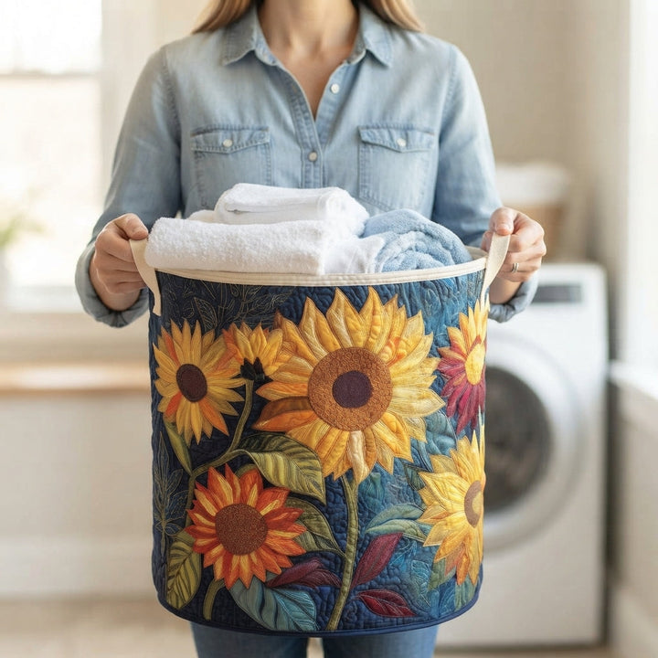 Vrouw in spijkerblouse houdt de mand met zonnebloemen vast bij de beige handgrepen, gevuld met witte en blauwe handdoeken. 3
