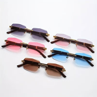 Rimless Sunglasses with Rectangular Lenses and Faux Wood Temples – Verro