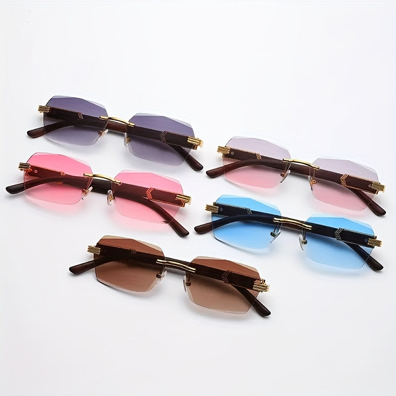 Rimless Sunglasses with Rectangular Lenses and Faux Wood Temples – Verro