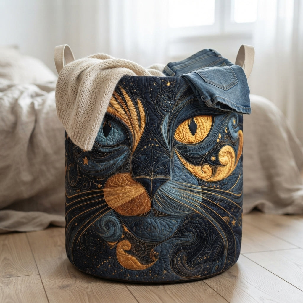 De mand met kattengezicht staat op een houten vloer naast een bed, gevuld met een gebreide trui en een spijkerbroek. 4
