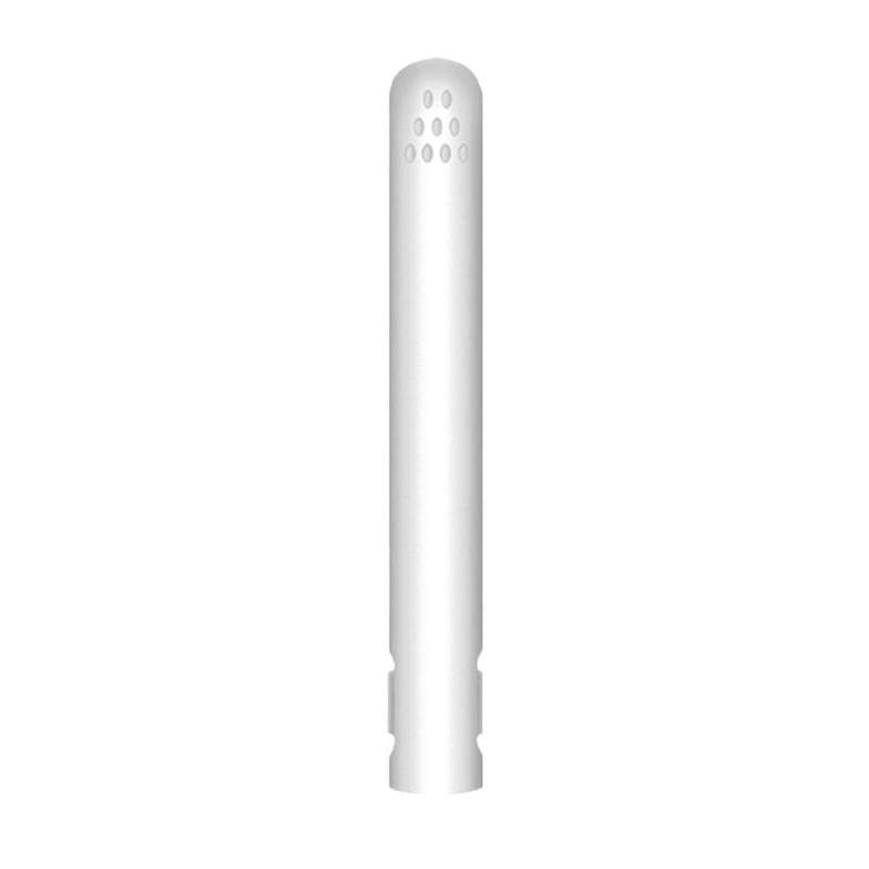 Gesloten witte stijltang rechtopstaand op een witte achtergrond, met ventilatiegaatjes bovenaan en inkepingen onderaan. 9