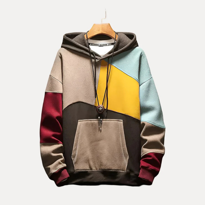 Gebreide Heren Hoodie met Patchworkontwerp – WinterEase
