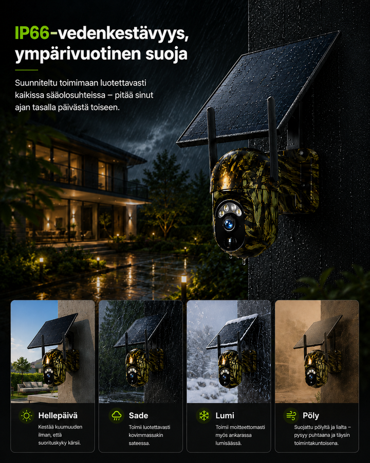 Camouflagecamera met zonnepaneel aan een natte muur in de regen, met vier kleine fotos voor zon, regen, sneeuw en stof. 7