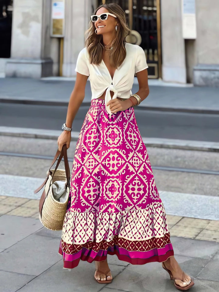 Bedrukte Boho Maxirok met vloeiende snit en franjes – Yalina