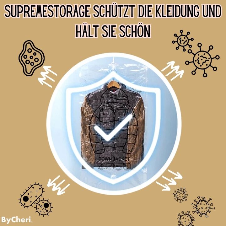 Doorzichtige zak met een donsjas in een schildsymbool, omringd door pijlen en bacteriën om bescherming van kleding te tonen. 7