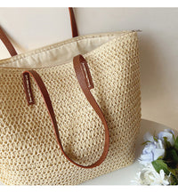 Riet Geweven Tas met Leren Banden -  SummerBreeze Tote