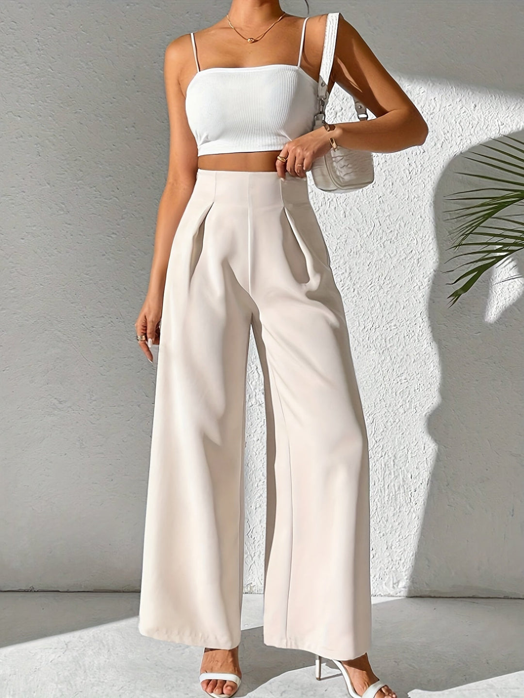 Beige High-Waist Wide-Leg Broek voor Dames - Yara