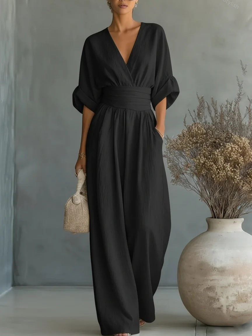 Women's Elegant Wide-Leg Jumpsuit with V-Neck Flowy Fit 3