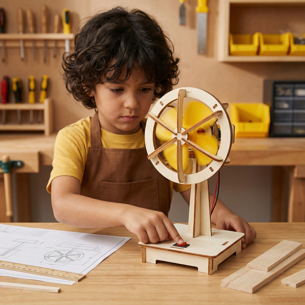 Kind in schort zet met een rode schakelaar het houten ventilatormodel met gele draaiende bladen aan, naast bouwtekening en liniaal. 2