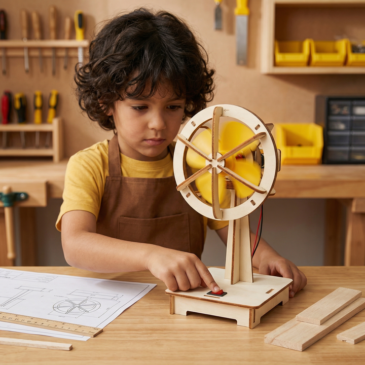 Kind in schort zet met een rode schakelaar het houten ventilatormodel met gele draaiende bladen aan, naast bouwtekening en liniaal. 2