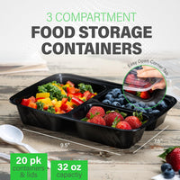 Meal Prep Containers – 3-Compartment Bento Boxes with Lid 900 ml [20 Pack]