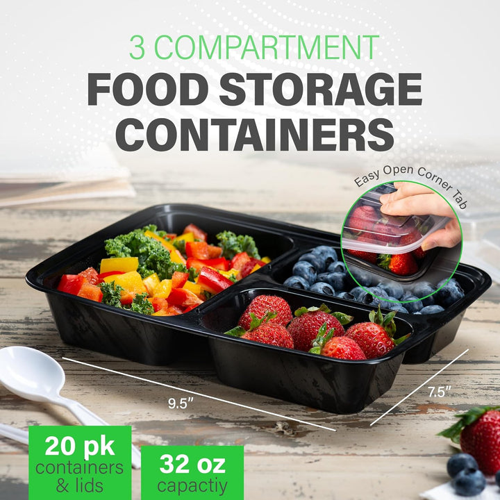Meal Prep Containers – 3-Compartment Bento Boxes with Lid 900 ml [20 Pack]