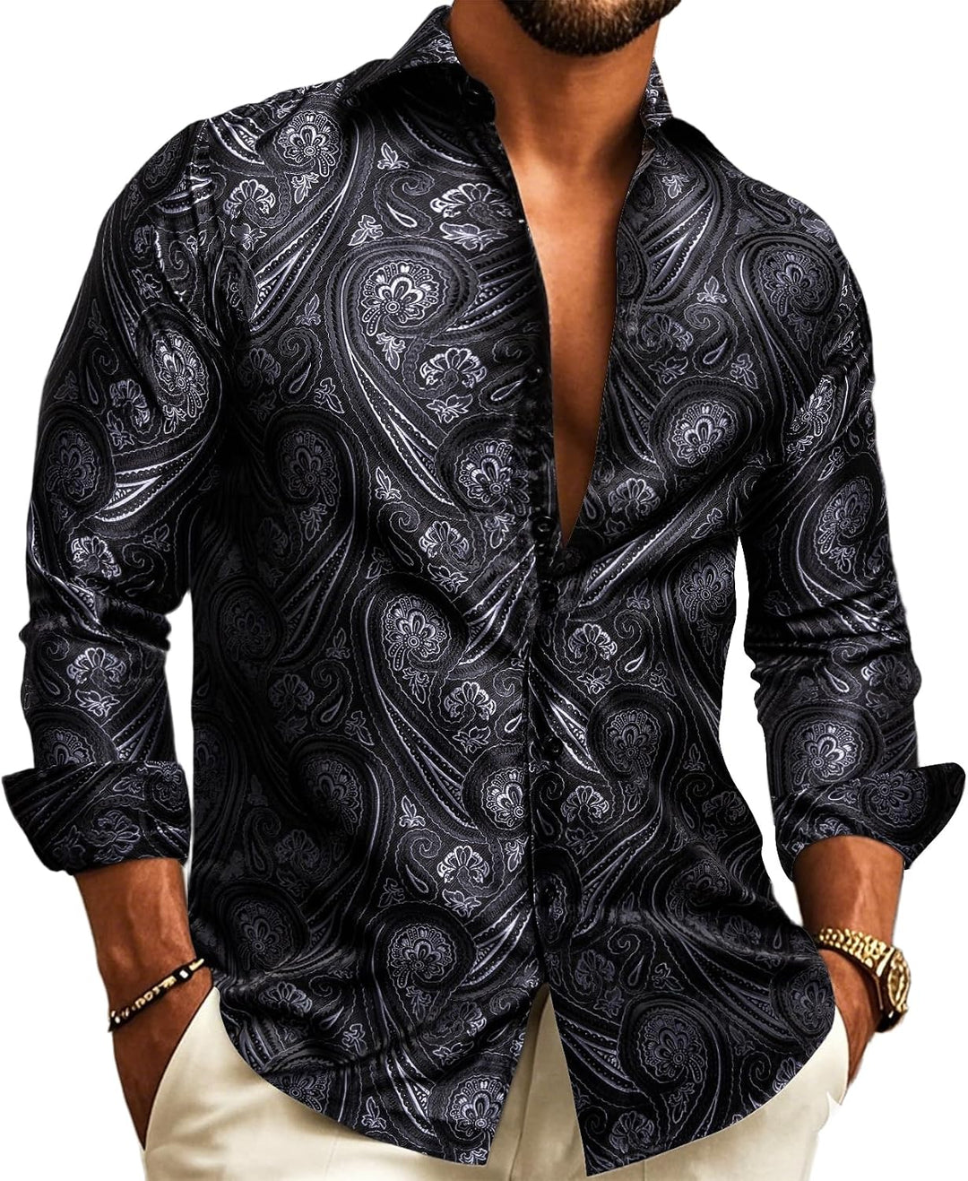 Men's Paisley Jacquard Shirt – Long-Sleeve Style for Weddings & Evening Wear 11
