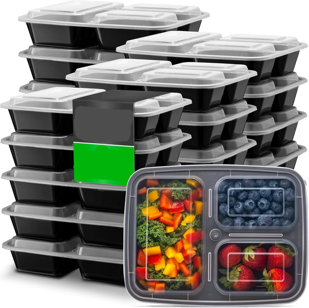 Meal Prep Containers – 3-Compartment Bento Boxes with Lid 900 ml [20 Pack]