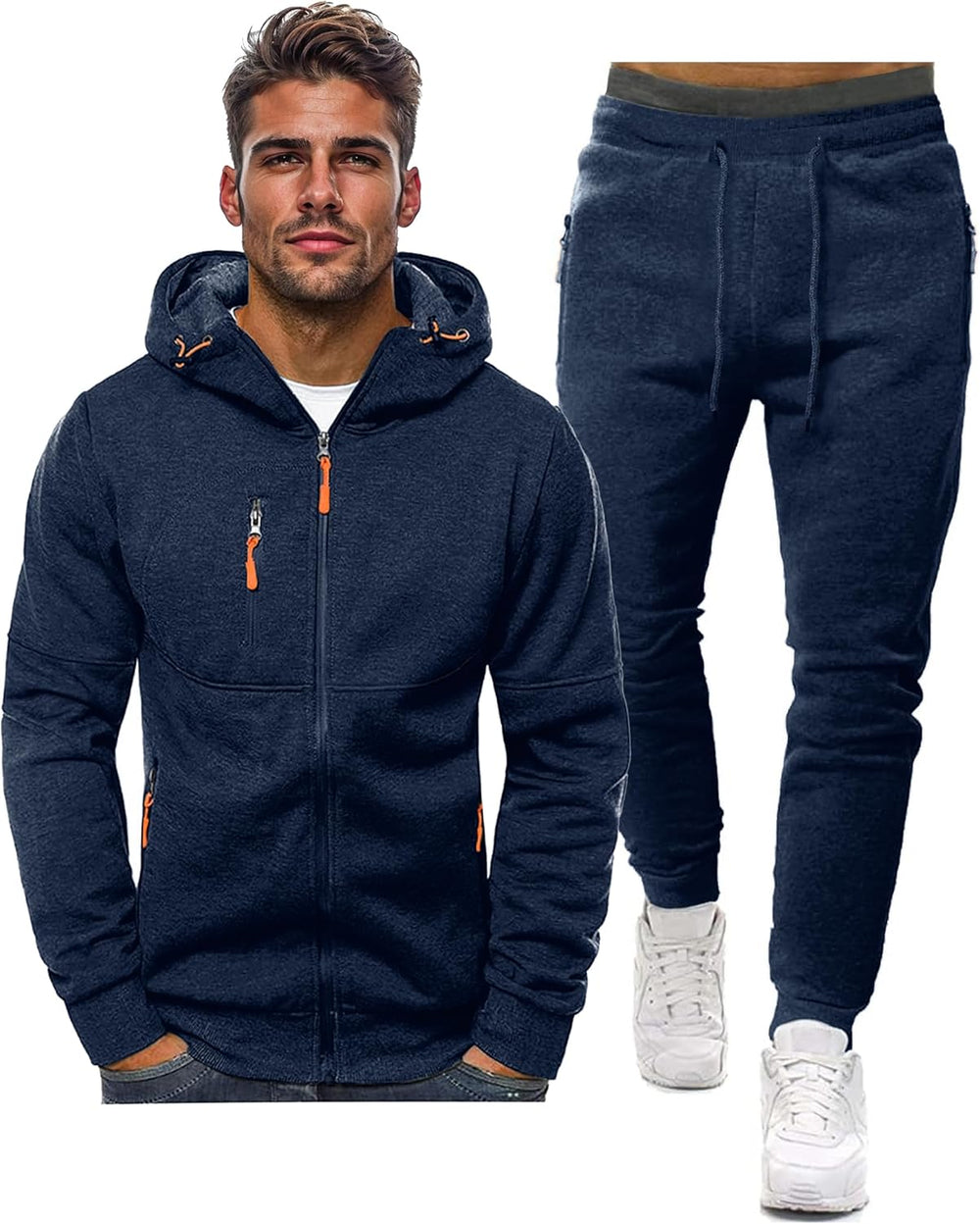 Marineblauwe hoodie met rits en bijpassende joggingbroek, naast elkaar op witte achtergrond 2