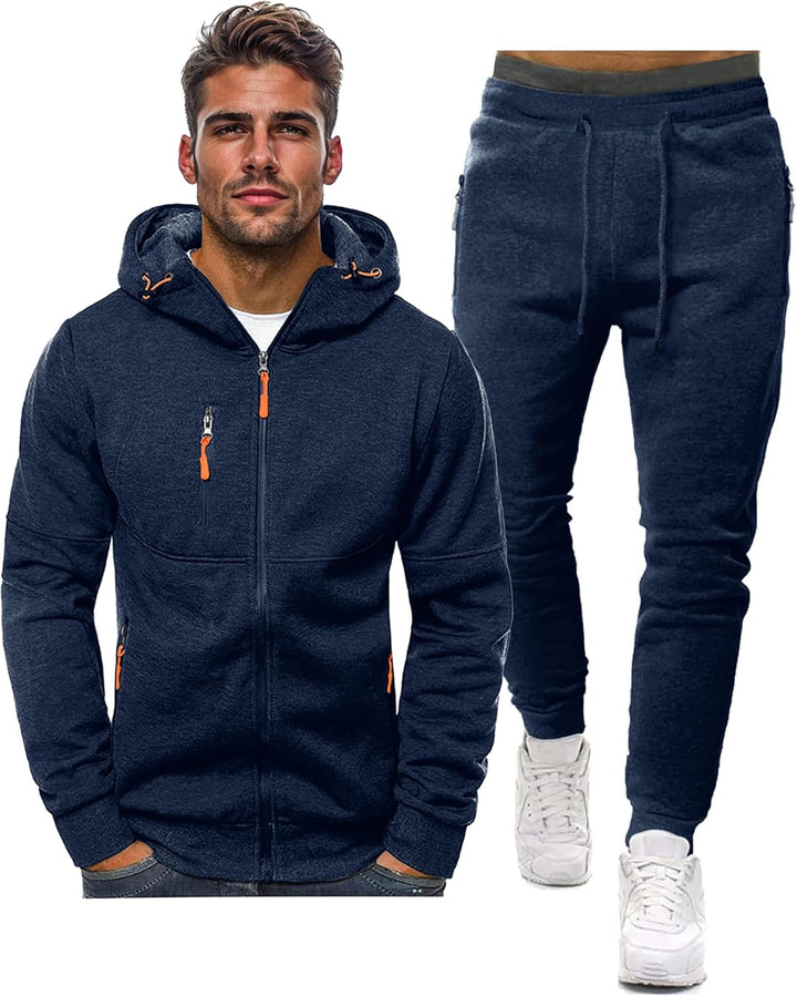Marineblauwe hoodie met rits en bijpassende joggingbroek, naast elkaar op witte achtergrond 2
