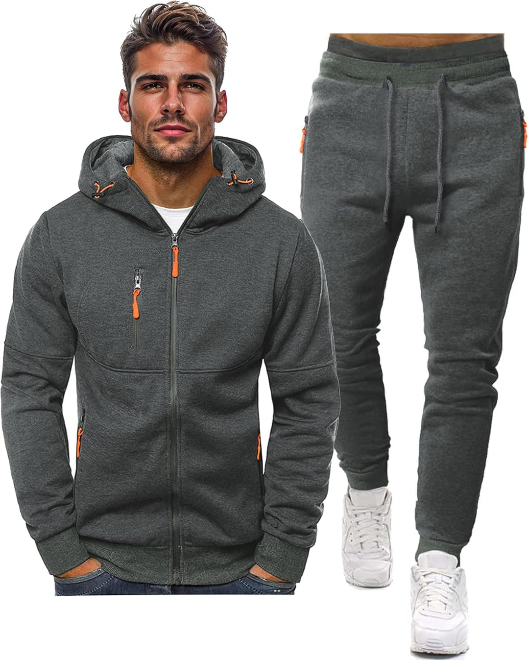 Donkergrijze hoodie met rits en bijpassende joggingbroek, naast elkaar op witte achtergrond 8