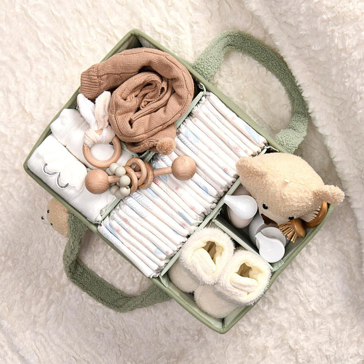 Caddy organizador para pañales de bebé – Cesta de almacenamiento suave de sherpa con compartimentos – Elvoria