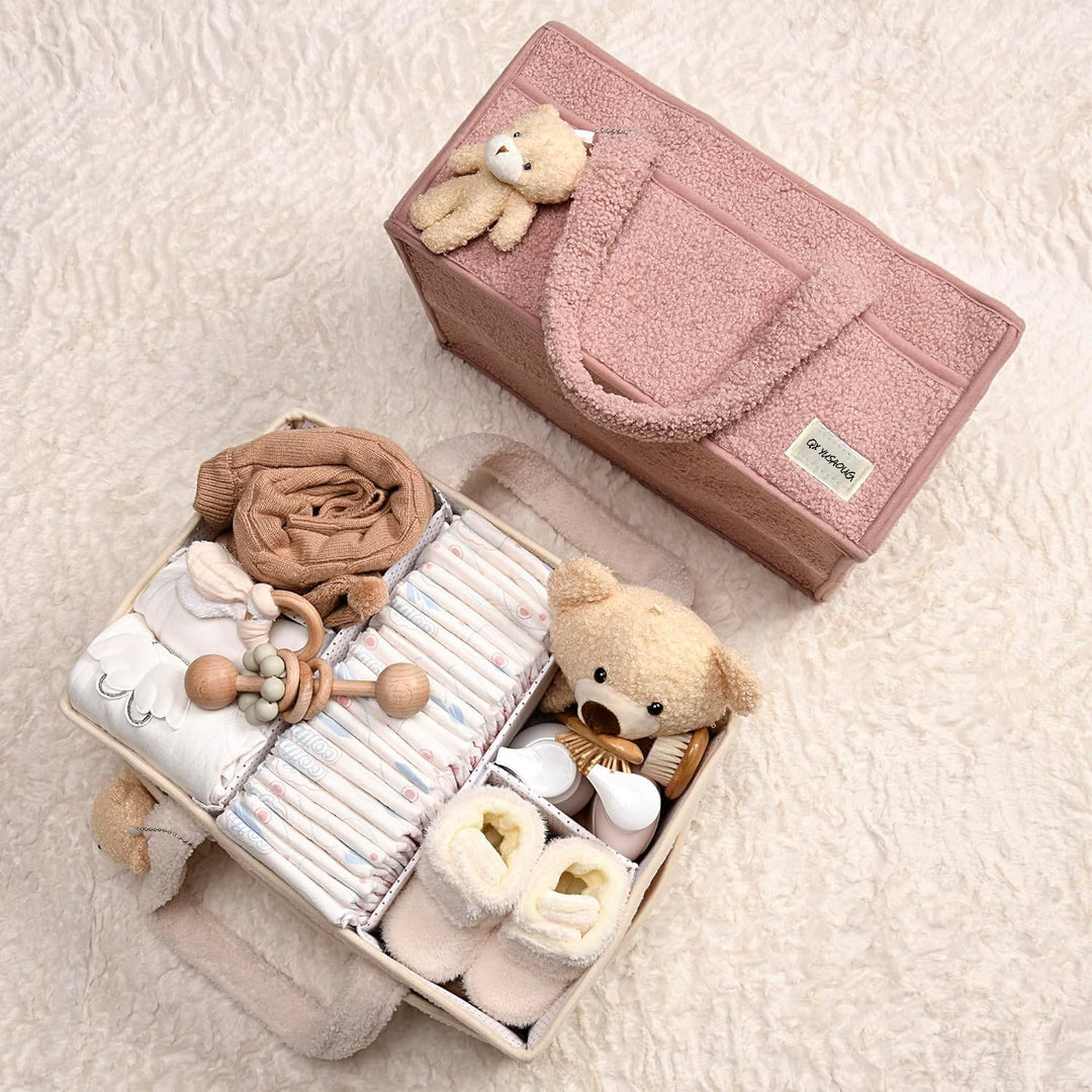 Caddy organizador para pañales de bebé – Cesta de almacenamiento suave de sherpa con compartimentos – Elvoria