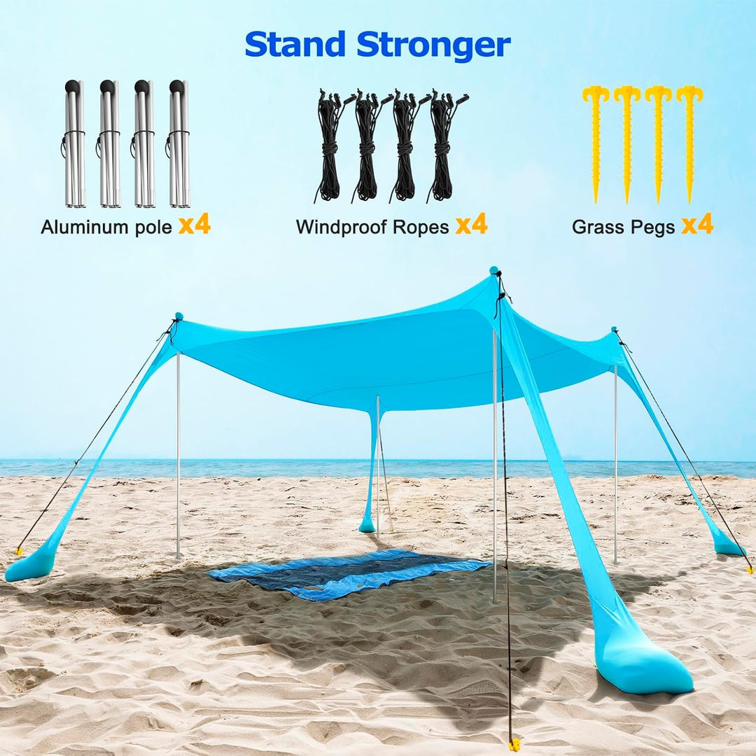 UPF50+ Family Beach Tent with Aluminum Poles and Sand Anchors