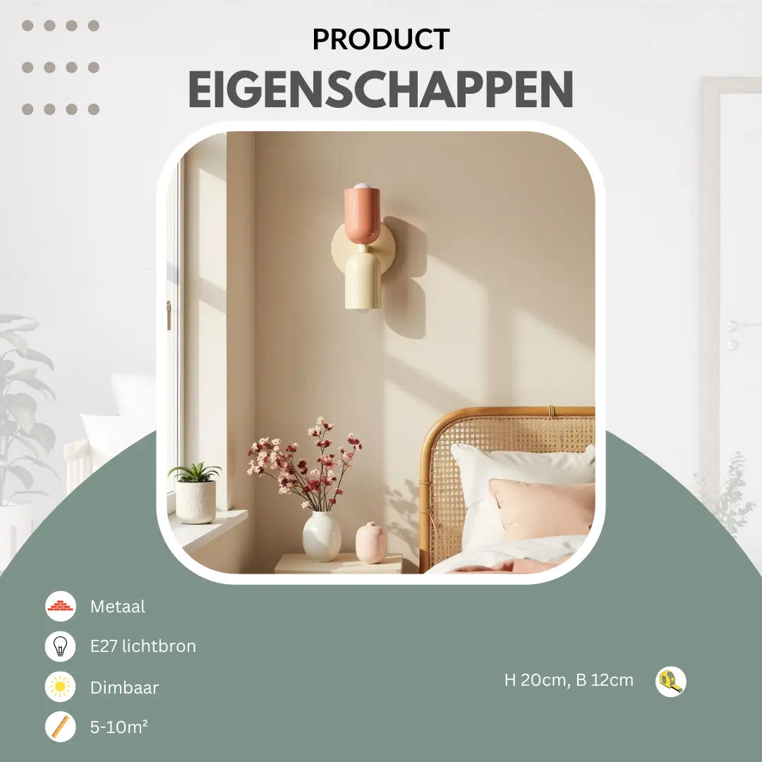 Wandlamp met een roze en een crème kap boven een nachtkastje naast een rieten bedhoofdeinde, met eigenschappen van de lamp. 22