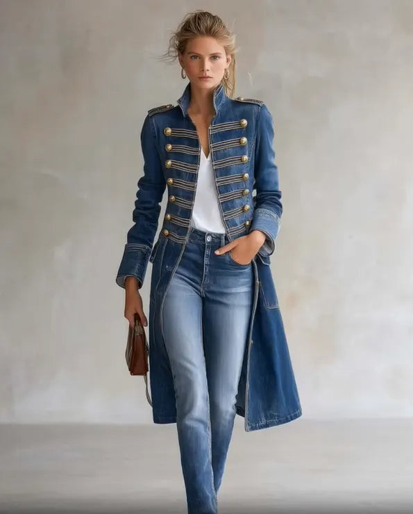 Voorkant van de blauwe denim jas op een model met jeans en wit topje, bruin tasje in de hand, tegen een grijze wand. 4