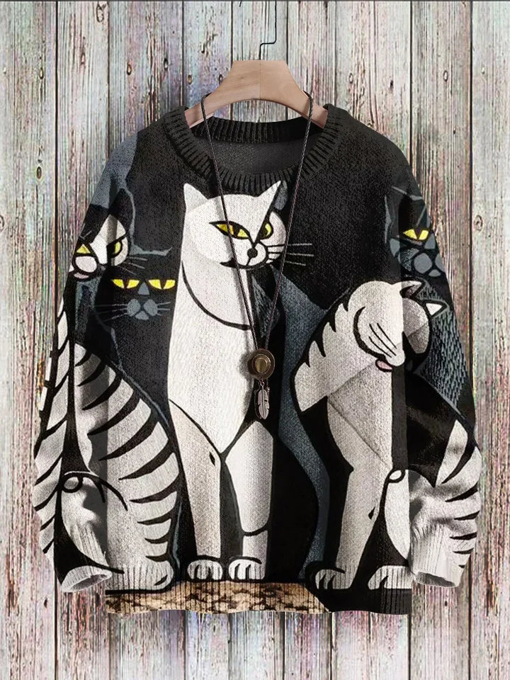 Cheerful Cat Print Sweater for Women - Cleo